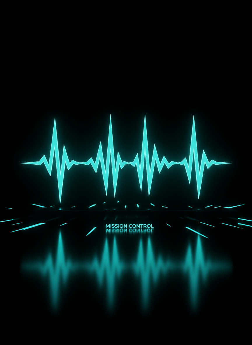 A holographic audio wave visualization in bright cyan, rising from a clean, jet-black base that subtly mirrors the wave’s glow. The spectrum forms a sinuous, architectural line, with sharp peaks and valleys suggesting energetic podcast discussion. Harsh directional lighting from behind exaggerates the crystalline translucency of the wave, casting razor-like cyan shadows and reflections on the base. Composed symmetrically with the wave stretching horizontally across the center, the visual feels kinetic and modern. The image uses a minimalist digital-art style evocative of sound technology, capturing the futuristic, high-impact identity of Mission Control.